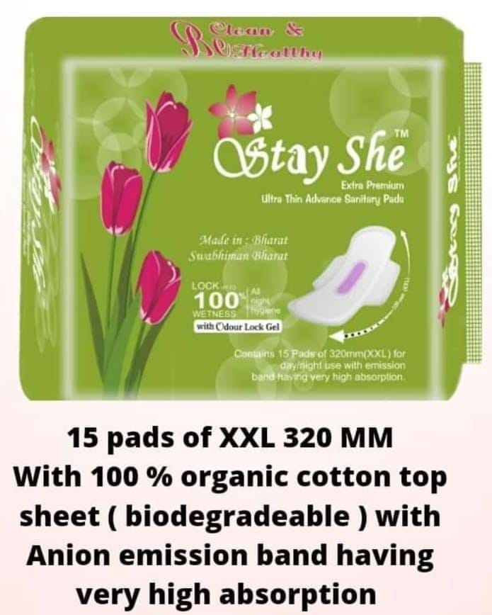 Stay She Extra Premium Ultra Thin Advance Sanitary Pads with 100% Organic Cotton Top Sheet (Biodegradable) and Anion Emission Band (Pack of 2 )