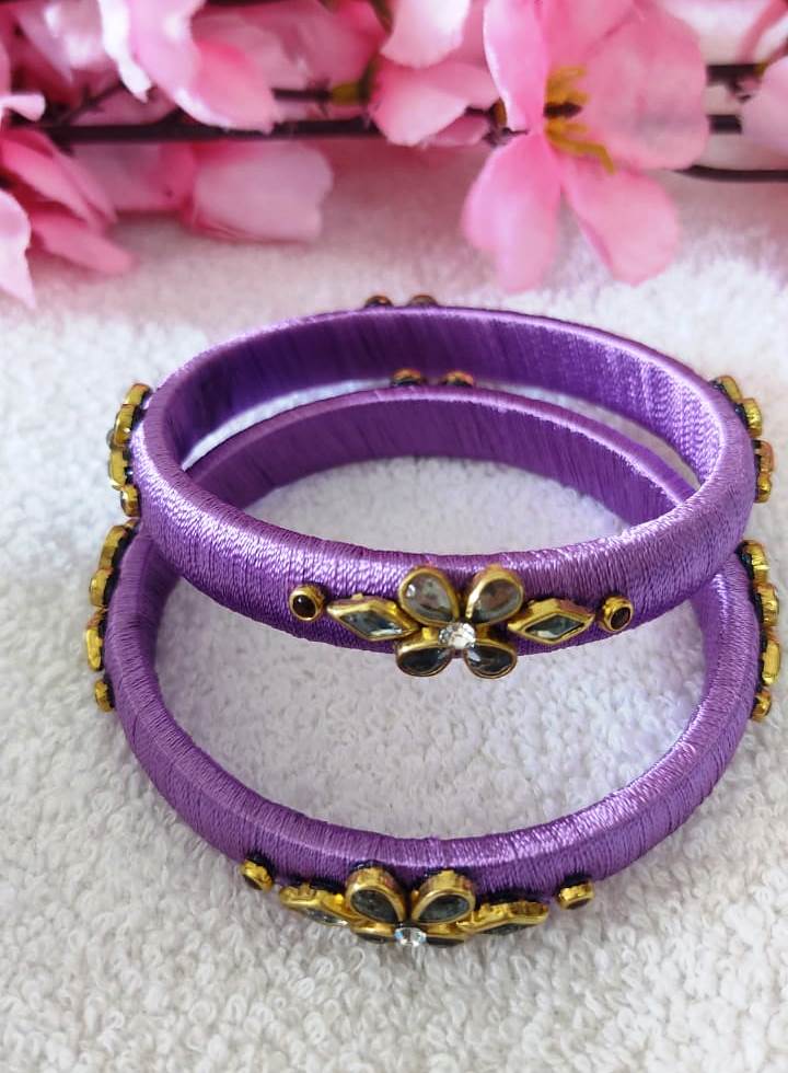  Purple Silk Thread Bangle Set with Rhinestone Flower Design