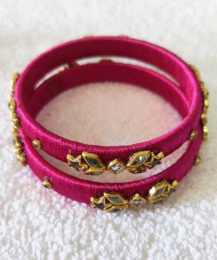  Pink Silk Thread Bangle Set with Kundan Stones