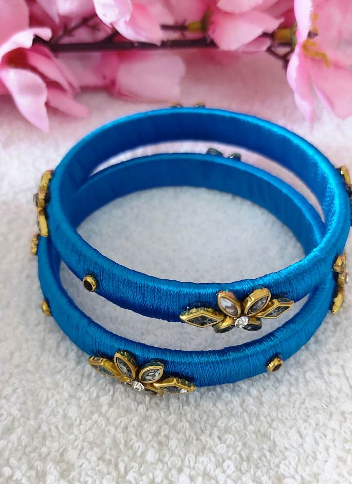  Blue Silk Thread Bangle Set with Rhinestone Flower Design