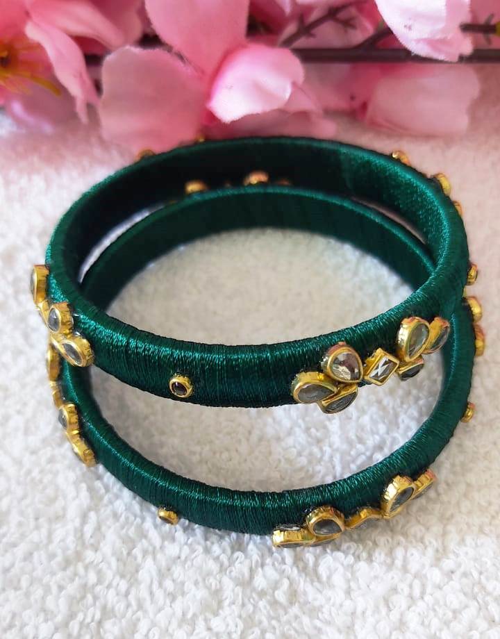  Green Silk Thread Bangle Set with Kundan Stones