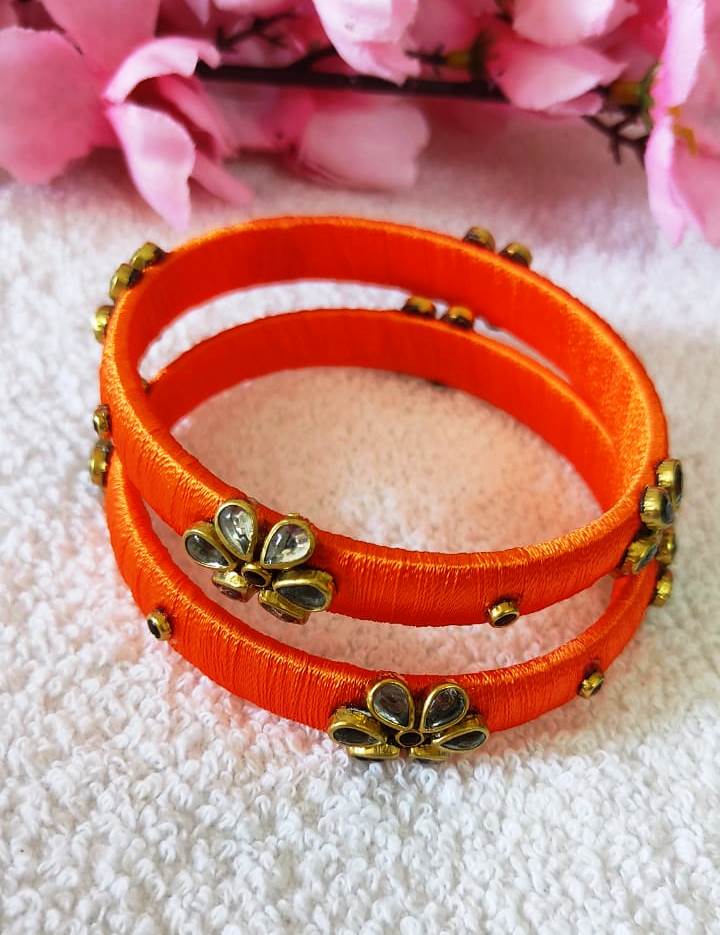  Orange Silk Thread Bangle Set with Kundan Stones