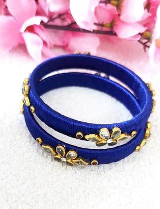  Blue Silk Thread Bangle Set with Kundan Stones