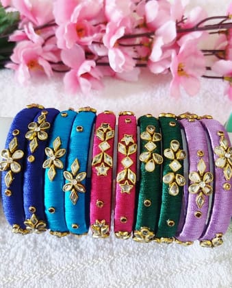 Set of 5 Silk Thread Bangles with Kundan Stones Multi colours Bangles- ( Set of 5 )