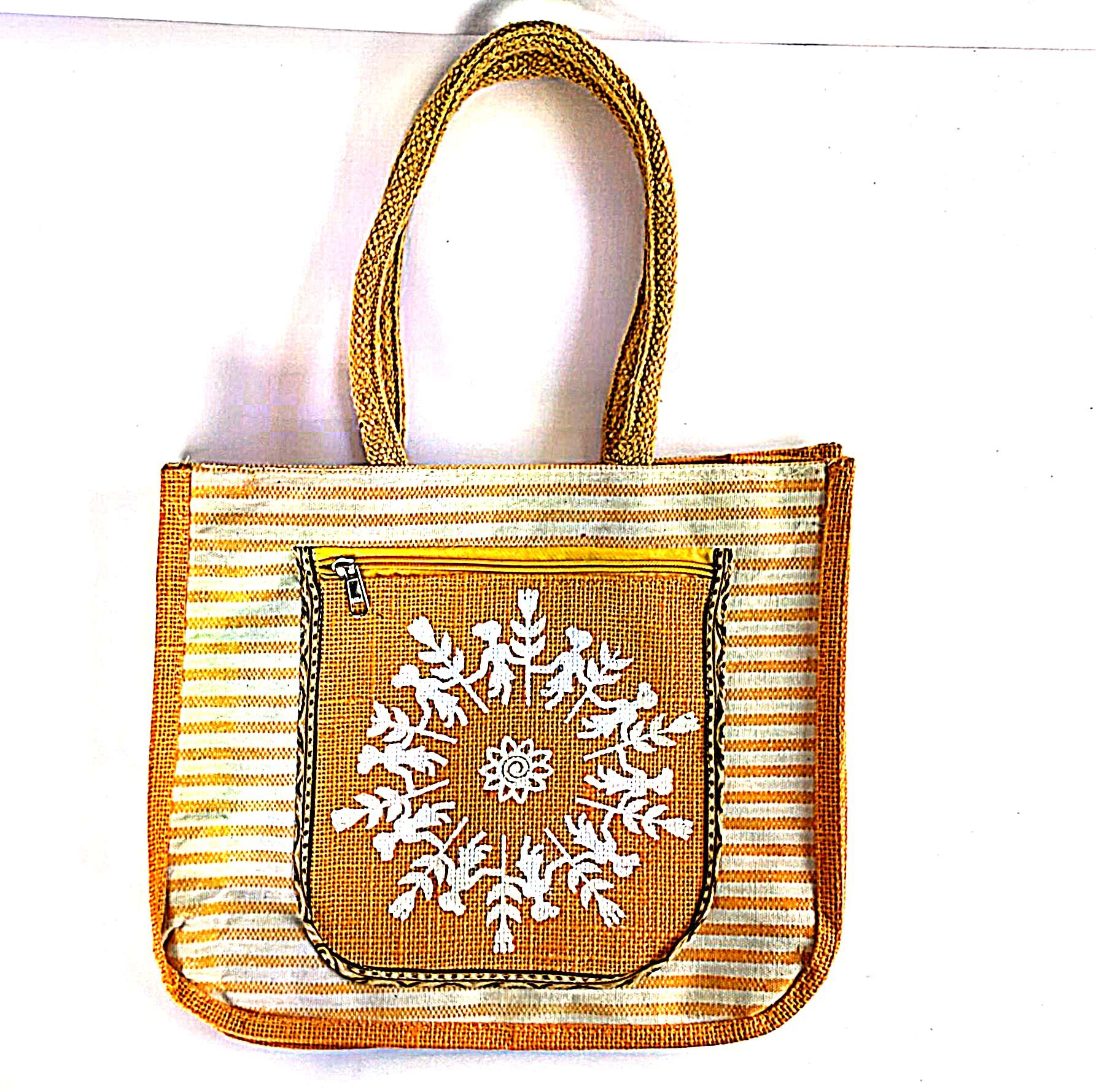  Striped Jute Tote Bag with Embroidered Flower Design