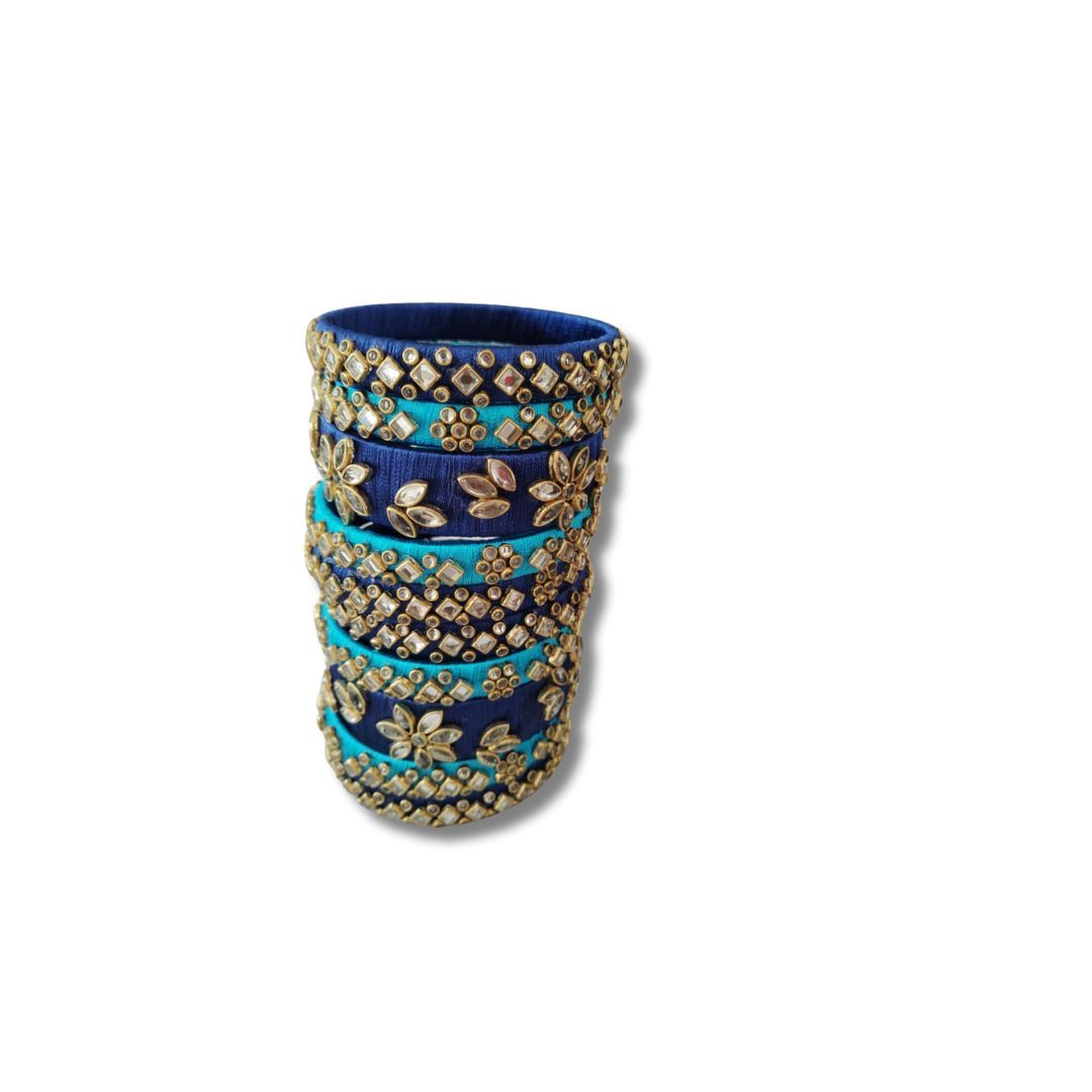  Set of 4 Blue Silk Thread Bangles with Stone and Pearl Embellishment