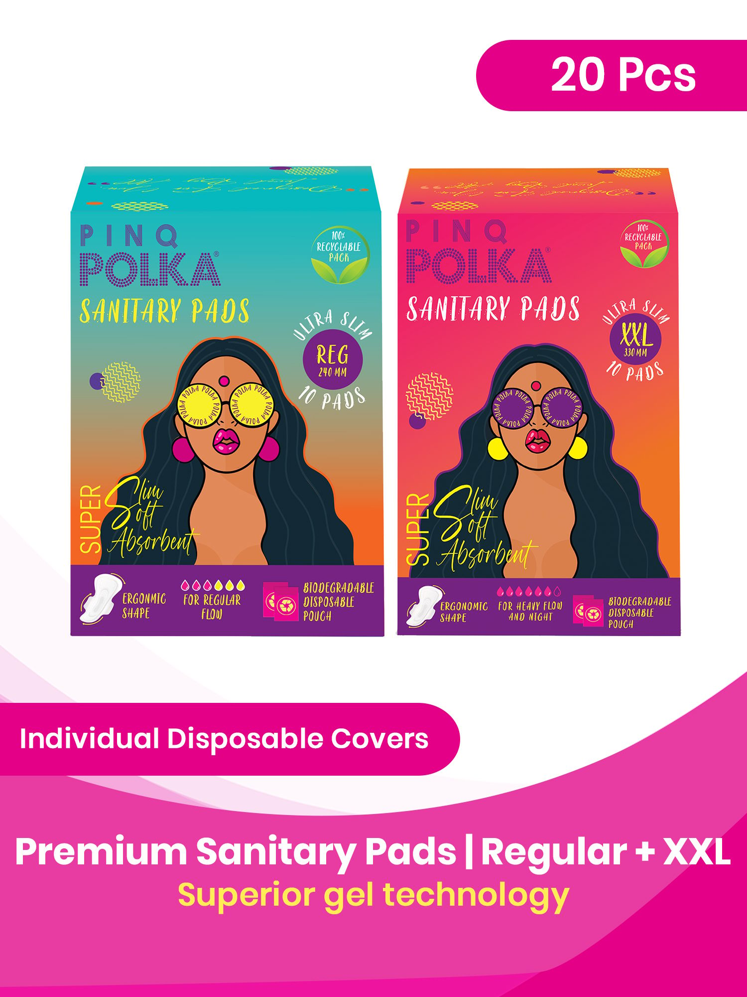 PINQ POLKA Premium Organic Soft Cotton Feel Rash Free Ultra Thin Sanitary Pads with All Combos - Mix Combos Regular + XXL