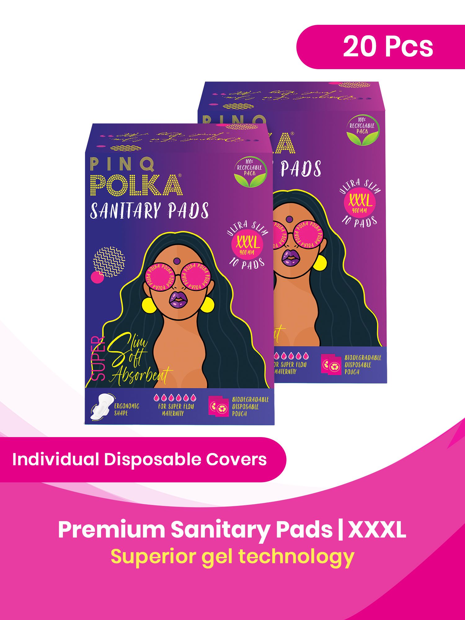 Pinq Polka Premium Organic Soft Cotton Feel Rash Free Ultra Thin Sanitary Pads of Same Packs - XXXL (Pack of 20)