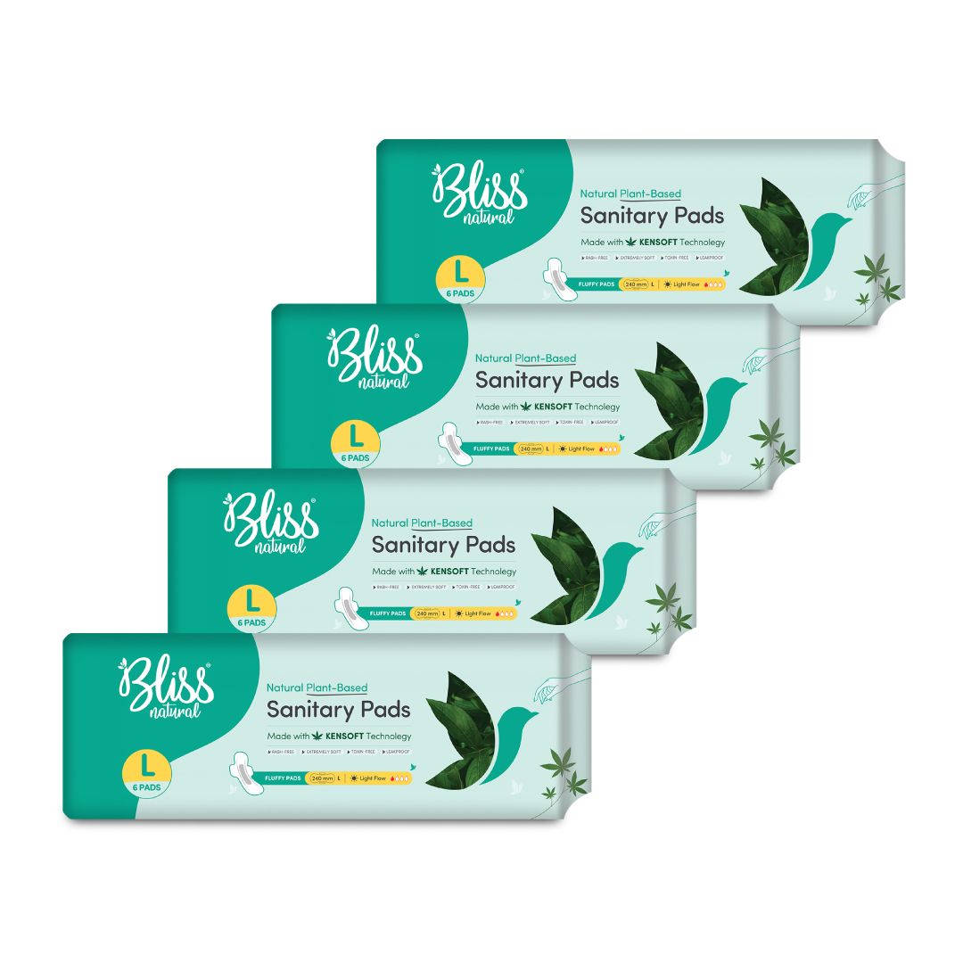 BLISSNATURAL Sanitary Pads For Women Pack Of 24 (L) Size Sanitary Napkins, For Light Flow  | 3x Absorption and 100% Rash Free Sanitary Pads Combo Pack Of 4