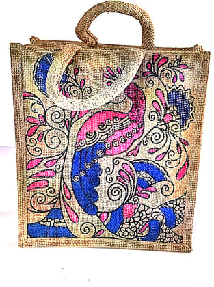  Peacock Print Jute Tote Bag