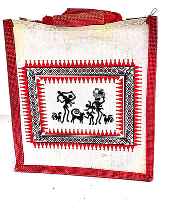  "Handmade Jute Lunch Bag with Warli Painting"