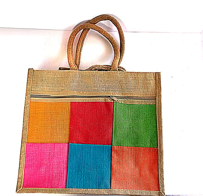  Jute tote bag with zipper closure and colorful patchwork design