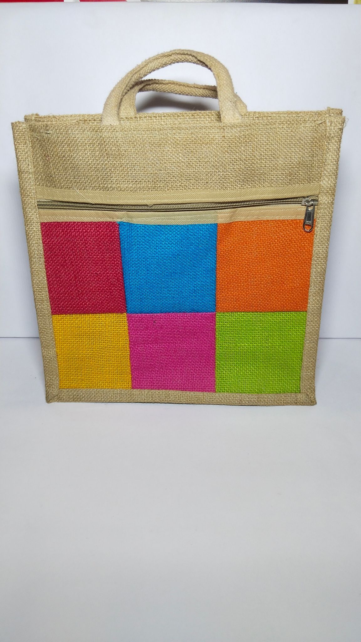 Jute Tote Bag with Colorful Patchwork Design