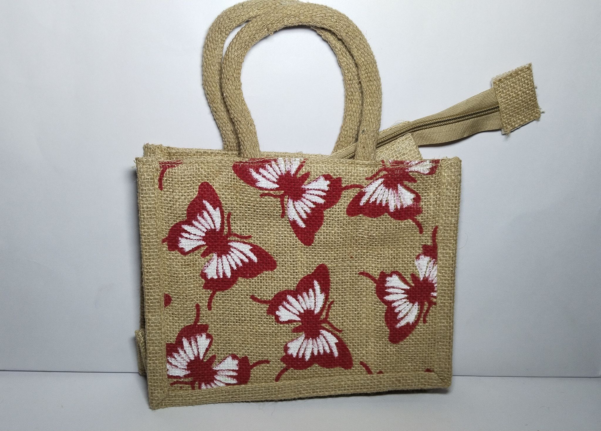 Jute Bag with Red Butterfly Print