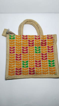 Jute tote bag with zipper and colorful leaf pattern