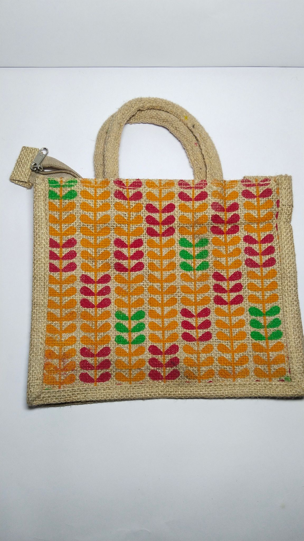 Jute tote bag with zipper and colorful leaf pattern