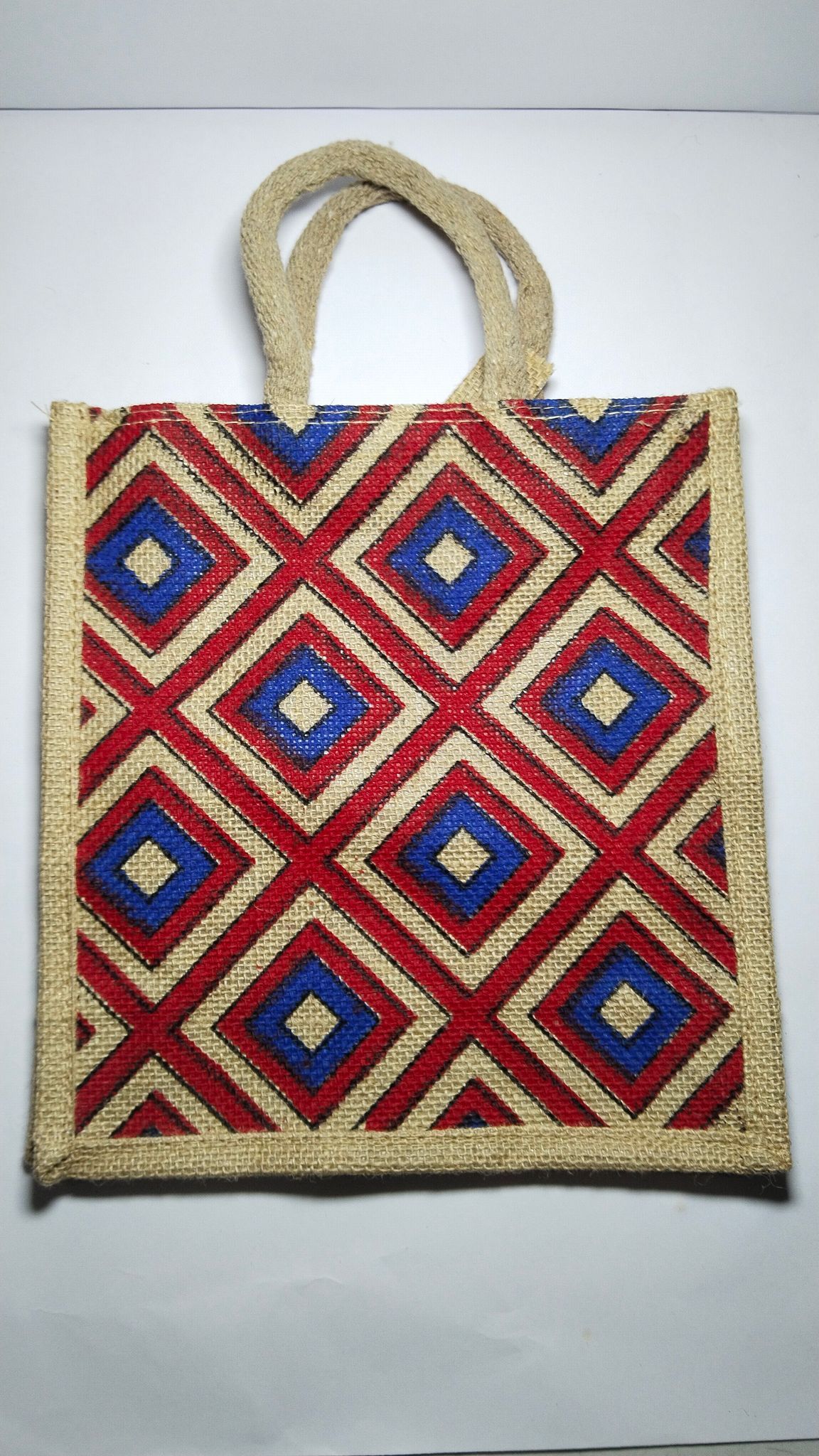 Red and Blue Geometric Jute Tote Bag