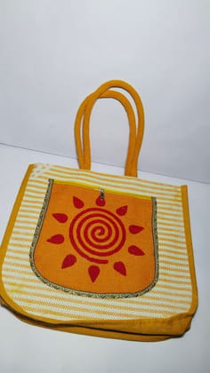 **Jute Tote Bag with Red Sun Design**