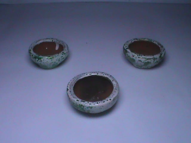 Set of 3 Small Round White and Brown Ceramic Pots