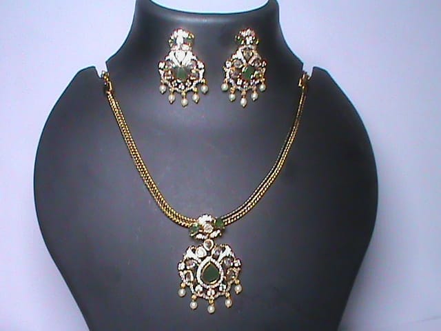 Green and White American Diamond Bridal Necklace Set