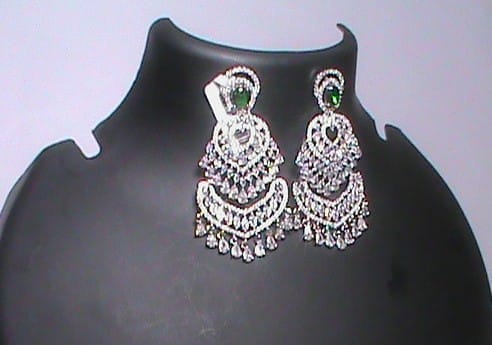 American Diamond Long Chandbali Earrings With Green Stone