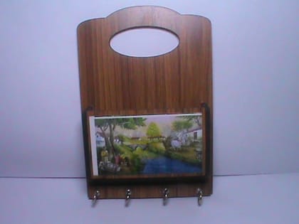 Rustic Wooden Wall Mountable Key Holder with Decorative Landscape Painting