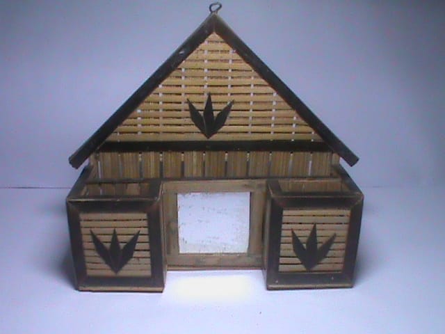 Handmade Bamboo House-shaped Wall-mounted Storage Box with 3 Compartments and a Mirror