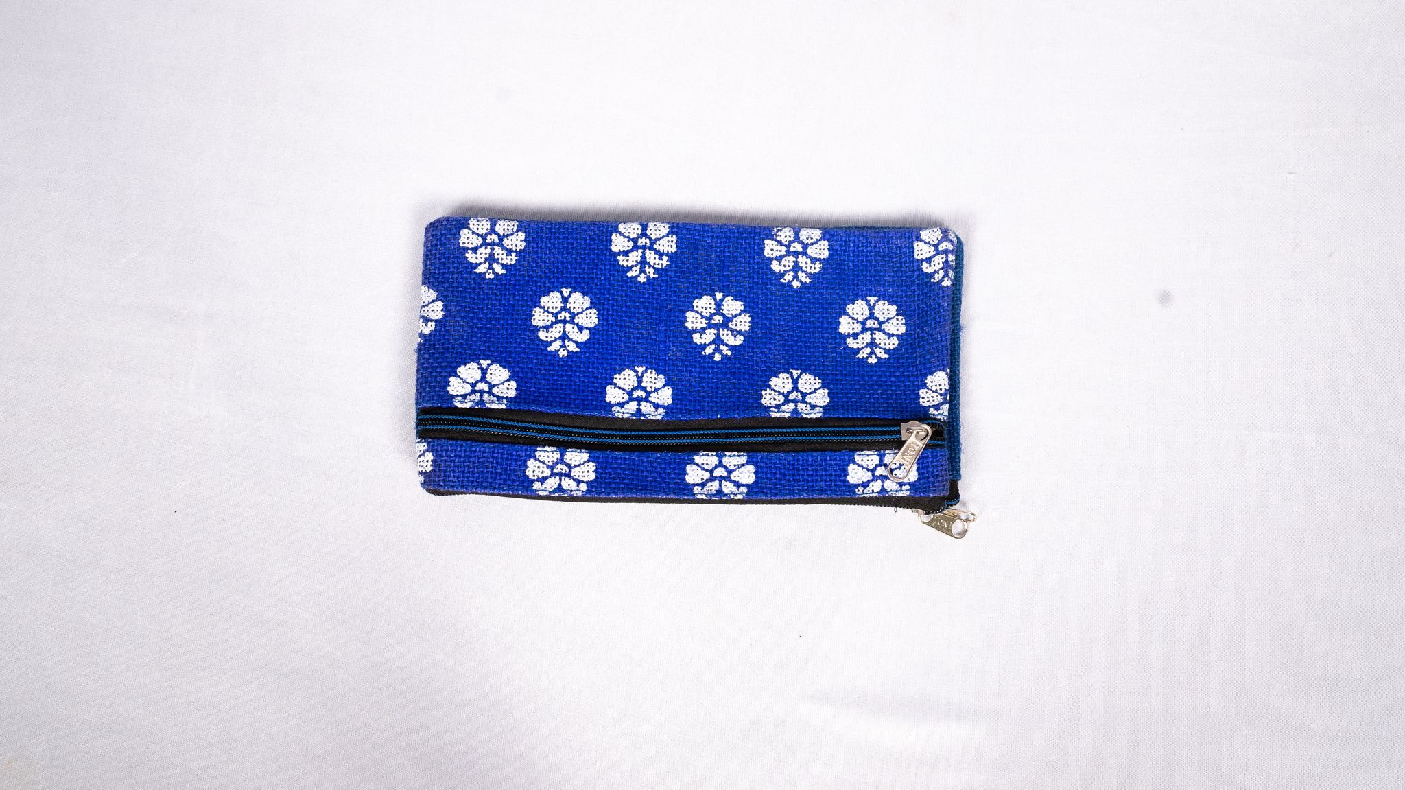 Blue Floral Jute Zipper Pouch