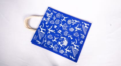 Blue Jute Bag with White Tribal Print