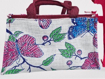  Small Floral Jute Tote Bag with Butterfly and Red Handles