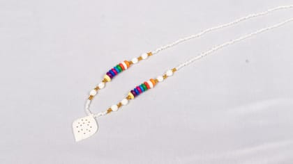 White Bone Carved Leaf Pendant Necklace with Multicolor Wood Beads