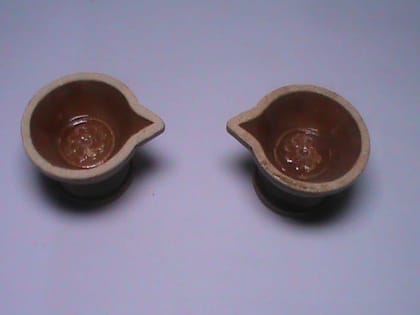 Set of 2 Small Brown Clay Diya Oil Lamps