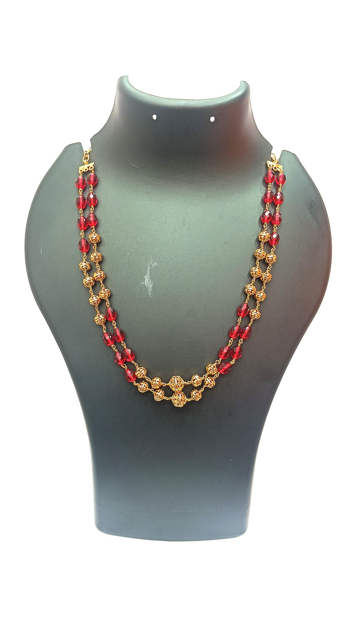 Gold Plated Traditional Indian Beaded Chain Necklace with Red Beads