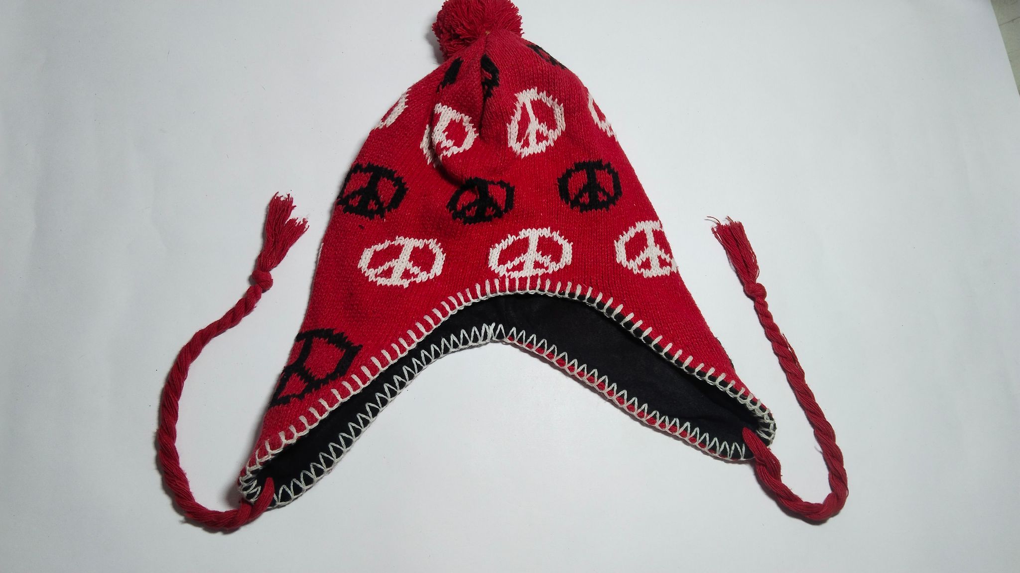  Unisex Red and White Peace Sign Winter Hat with Ear Flaps