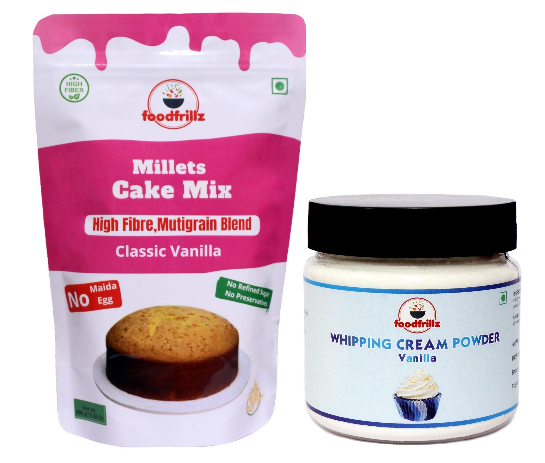 foodfrillz Millet Cake Premix (Classic Vanilla) 300 g and Whipping Cream Powder (Vanilla) 100 g Combo Pack