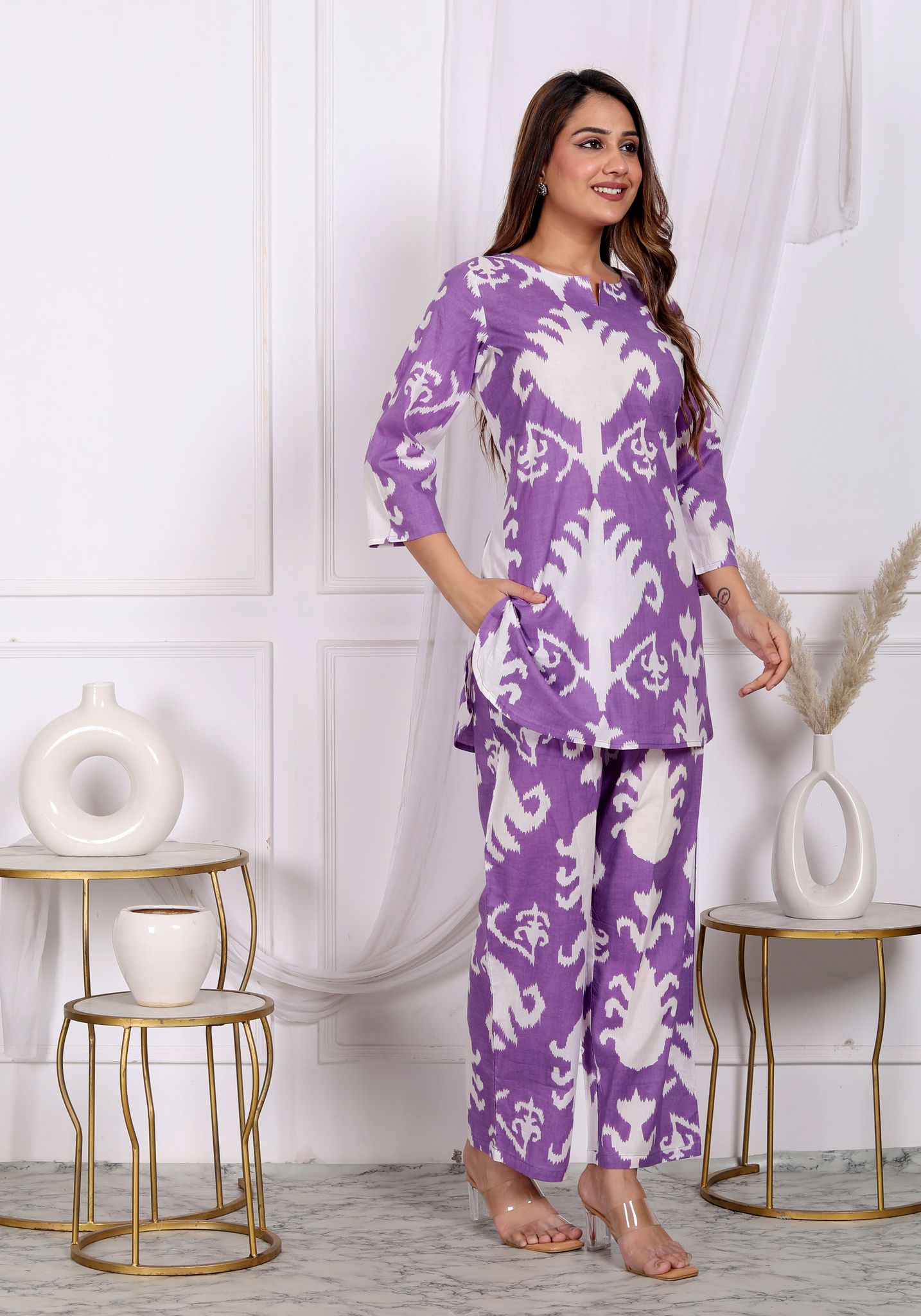 Women's fine cotton co-ord-set purple with white color motif top with pant