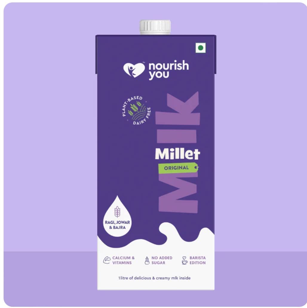 NOURISH YOU Plant Based MILLET Milk with goodness of Ragi, Jowar & Bajra - Healthy Vegan Creamy Milk Unsweetened, Anti-biotics free, Preservatives free, Dairy Free, No-added sugar (1 Litre)(Pack of 12)