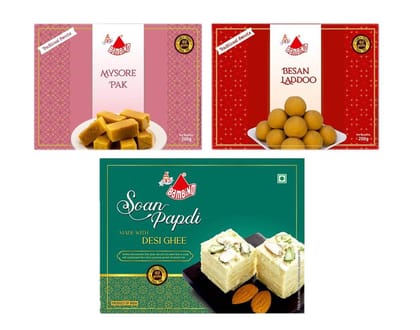 Bambino Combo Pack of Desi Ghee Soan Papdi I Besan Ladoo I Mysorepak Each 200 Gms X Pack of 3