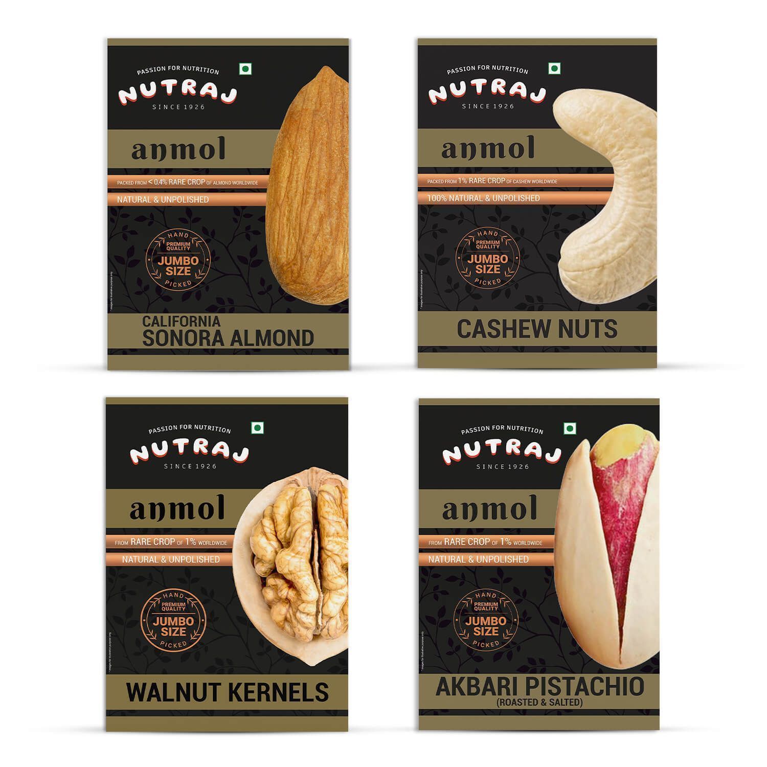 Nutraj Anmol Sonora Almond Kernel, Jumbo Cashew, Akbari Pista & Walnut Kernel - Combo