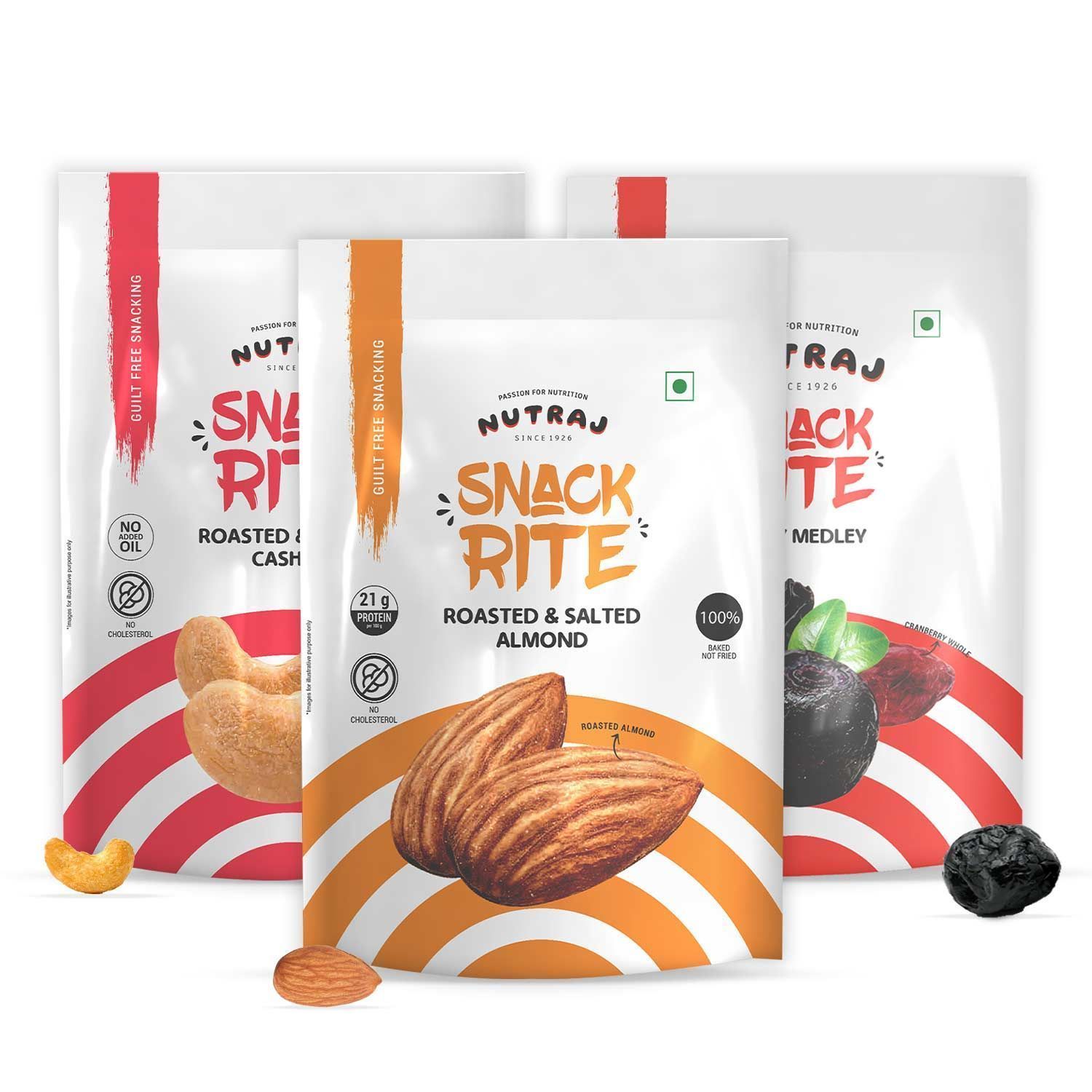 Nutraj Snackrite Almond Roasted & Salted, Cashew Roasted & Salted & Berry Medley with Himalayan Pink Salt - Combo