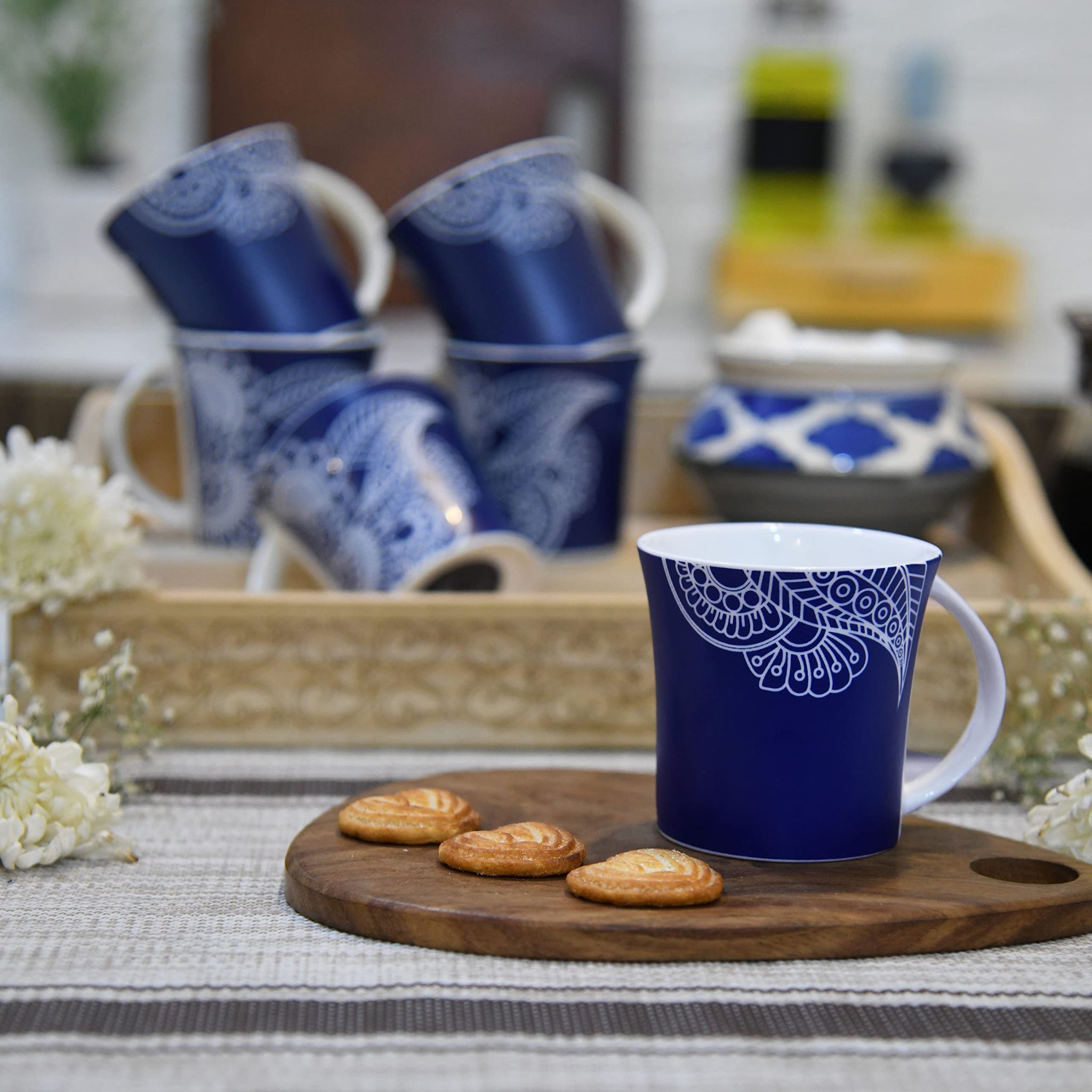 Femora Eternal Circle Tea Cups, Ceramic Tea Cups, Coffee Mugs (160 ml) - 6 Pcs Set (Blue)