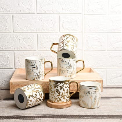 Femora Gloden Floral Tropical Motif Pattern Golden Tea Mugs, Ceramic Tea Cups, Coffee Mugs (180 ml, Golden) - 6 Pcs Set