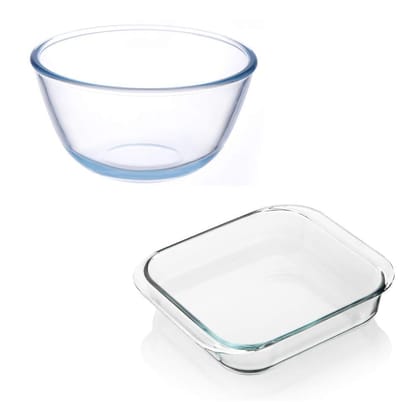 Femora Borosilicate Glass Solid Mixing Bowl and Square Dish, (Bowl-1650ML, Dish-1700ML)- Set of 2, Transparent.