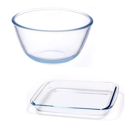 Femora Borosilicate Glass Solid Mixing Bowl and Rectangular Dish, (Bowl-2100ML, Dish-1600ML)- Set of 2, Transparent.