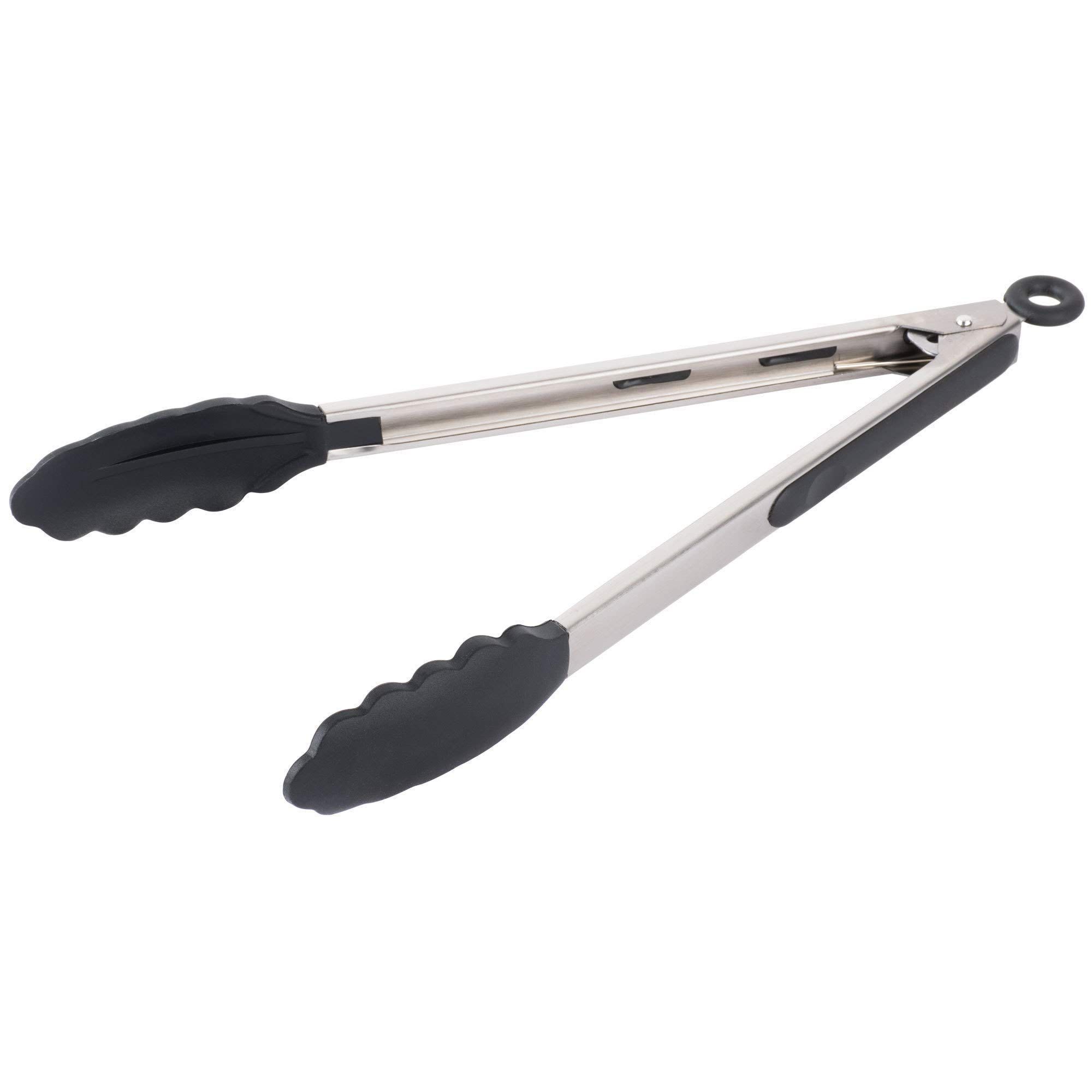 Femora Premium Virgin Silicone Food Tongs with Grip Handle (12 inches), Black, Set of 2