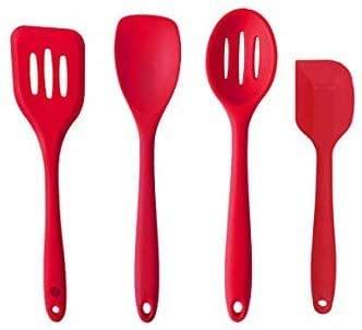 Femora Premium Virgin Silicone Baking Tools Combo- Slotted Turner, Spoon, Slotted Spoon, Big Spatula, Red, Set of 4