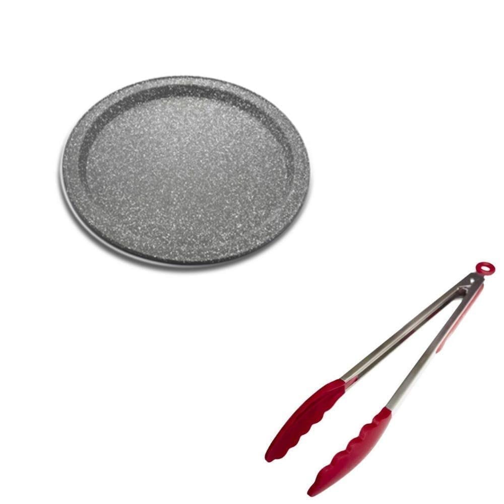 Femora Carboon Steel Non Stick Pizza Plate with Silicone Food Tong with Grip Handle (Combo) Set of 2