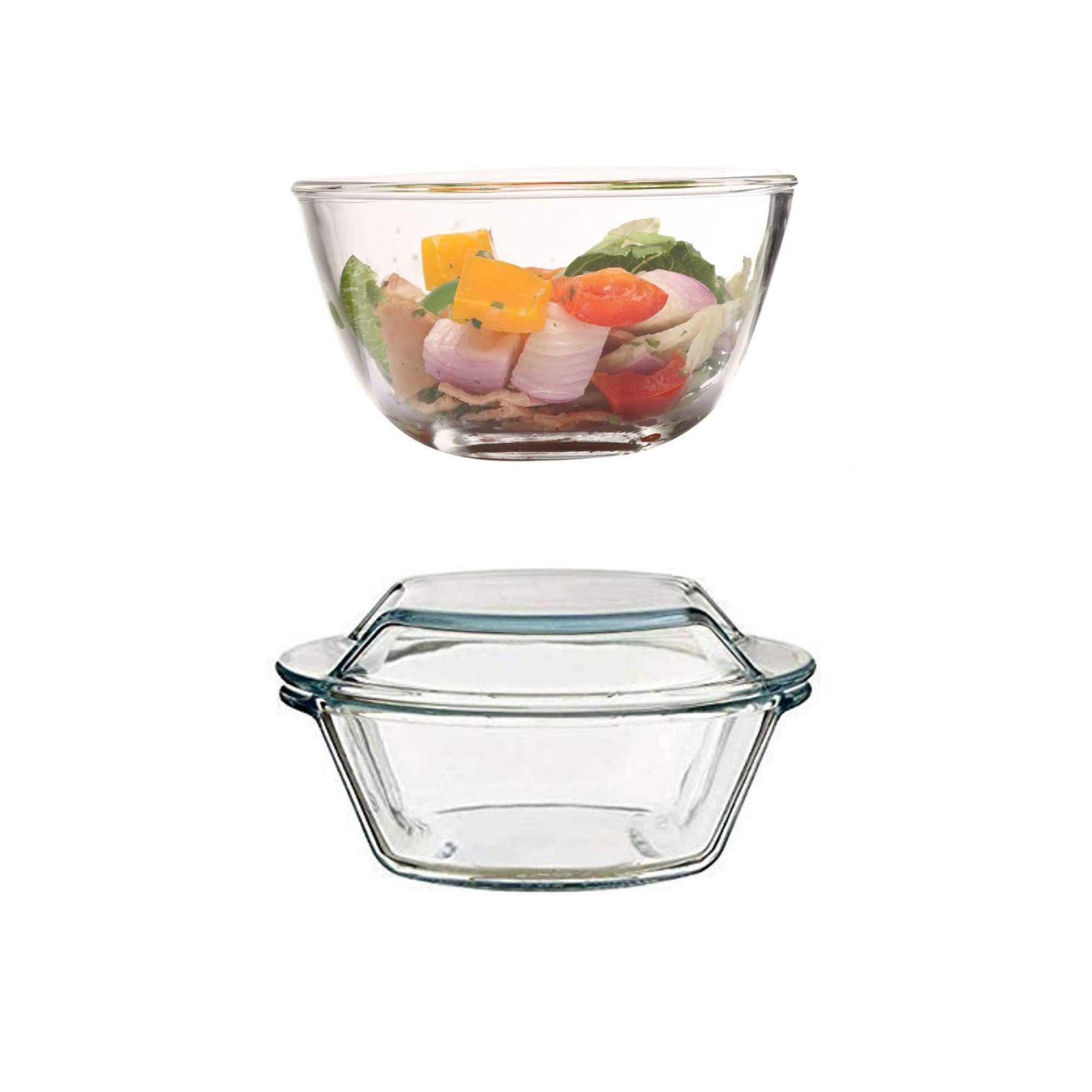 Femora Borosilicate Glass Microwave Safe Mixing Bowl-1050 ML and Casserole-1000 ML, Set of 2, Transparent