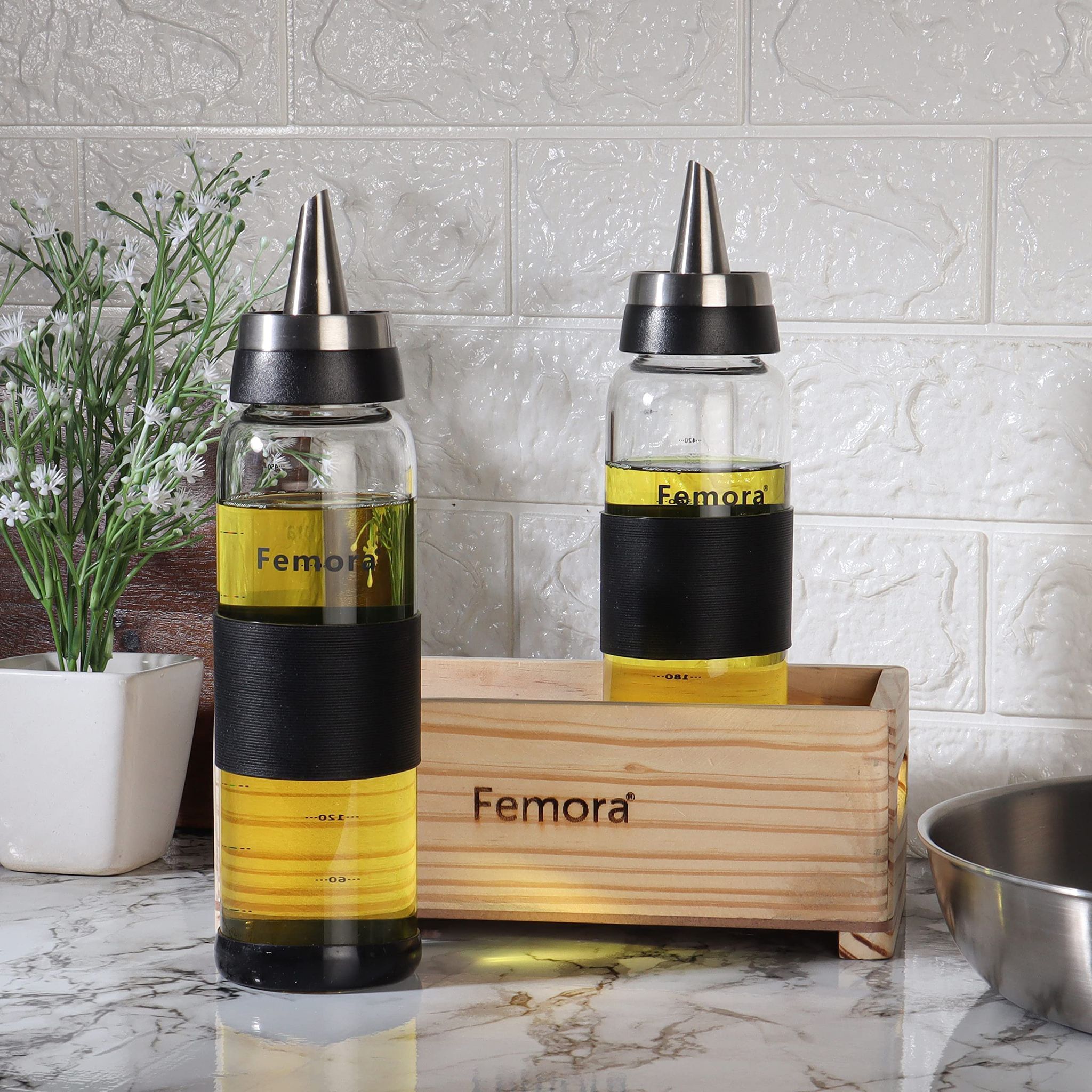 Femora Borosilicate Glass Oil Bottle, 500 ML,2pcs, with Wooden Tray for Kitchen