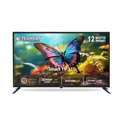 Techcon 80cm (32 Inch) BT VR Android  Smart LED TV With Voice Remote T322G10 BTVC (Black) Smart TV 32" - Frameless Design, Quad Core Processor, Dolby Audio, Android TV 11